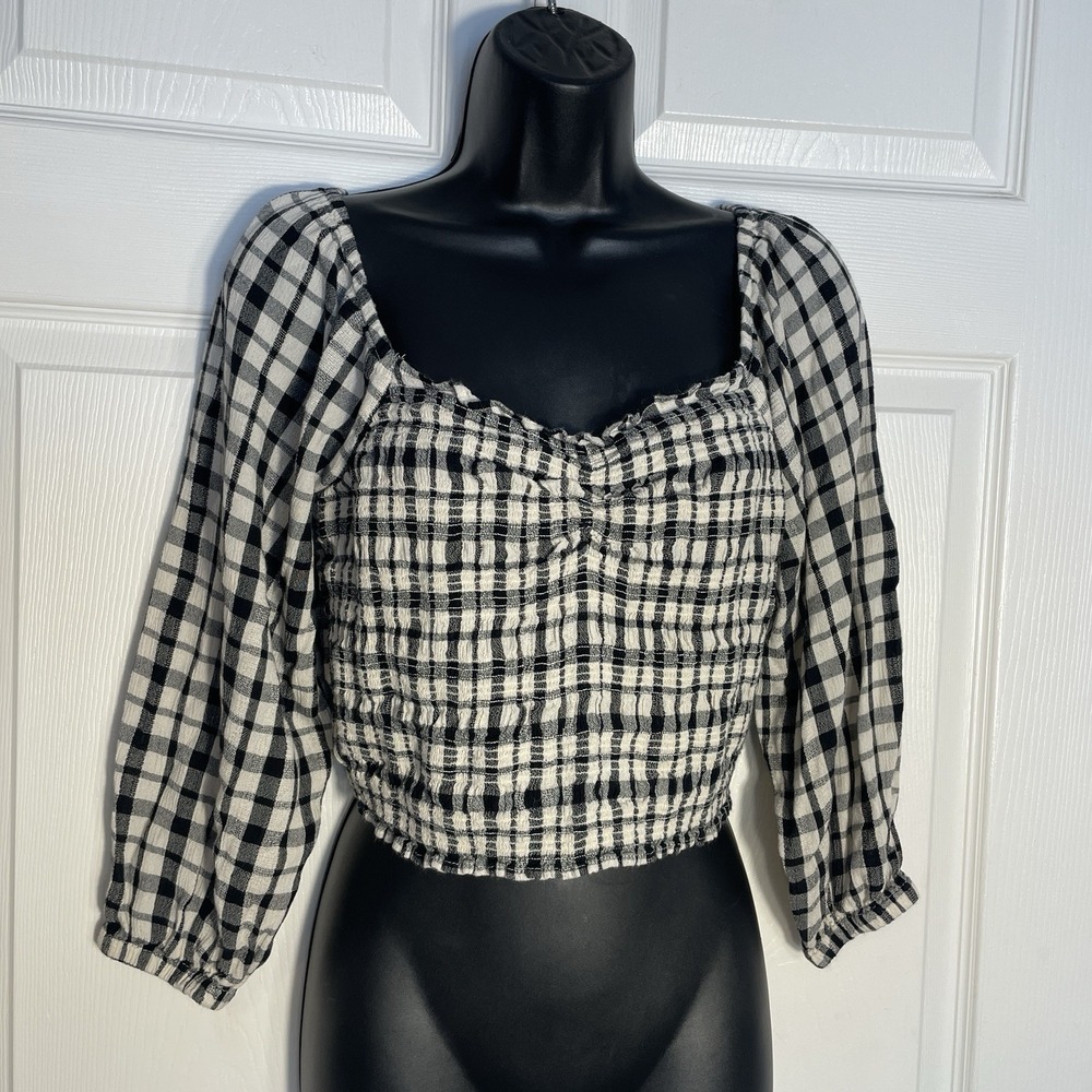 American Eagle Puff‎ Sleeve Shirt Women S Beige Black Plaid Milkmaid Peasant Top